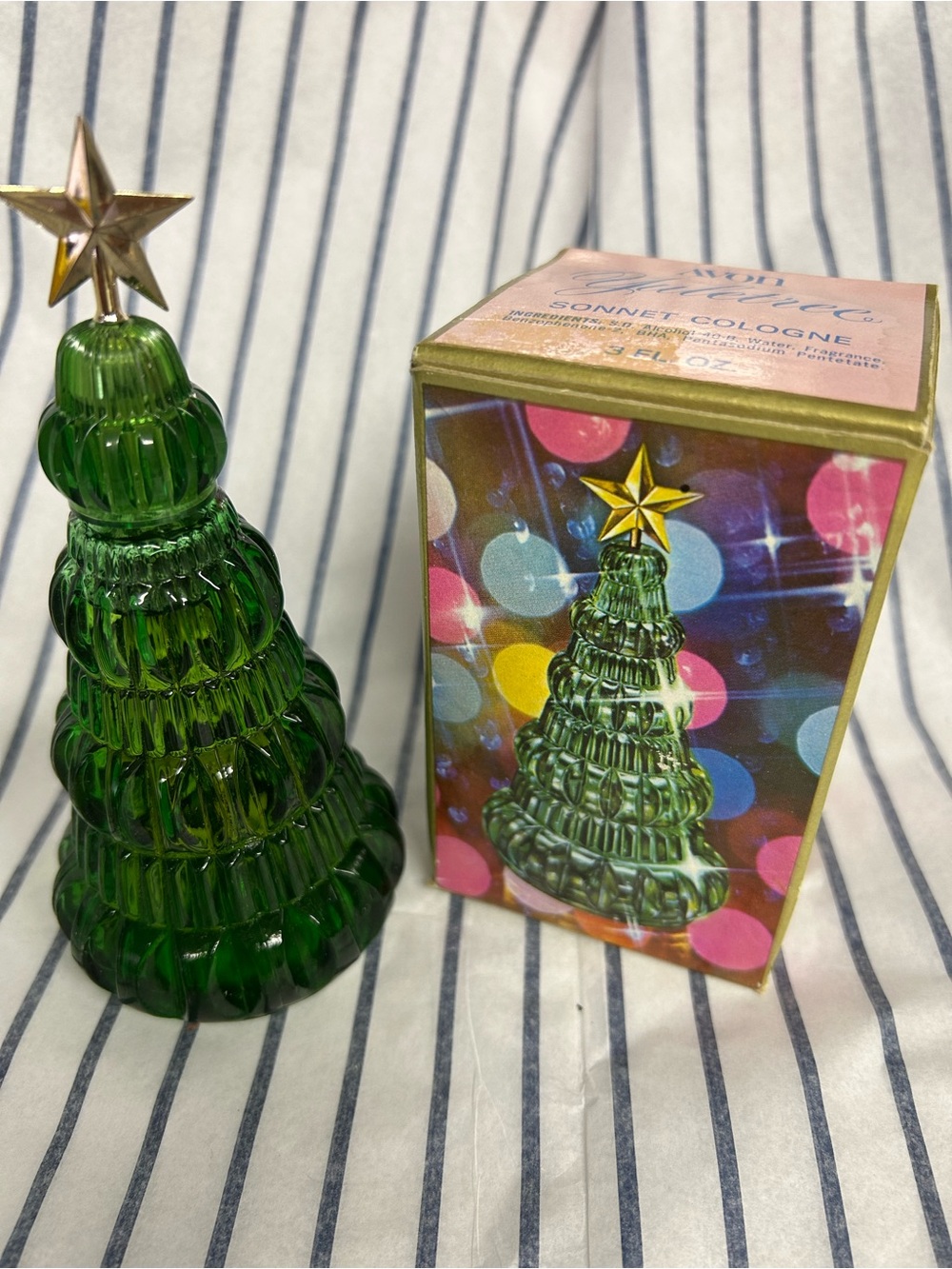 Vintage Avon Green Glass Christmas Tree Sonnet Cologne
